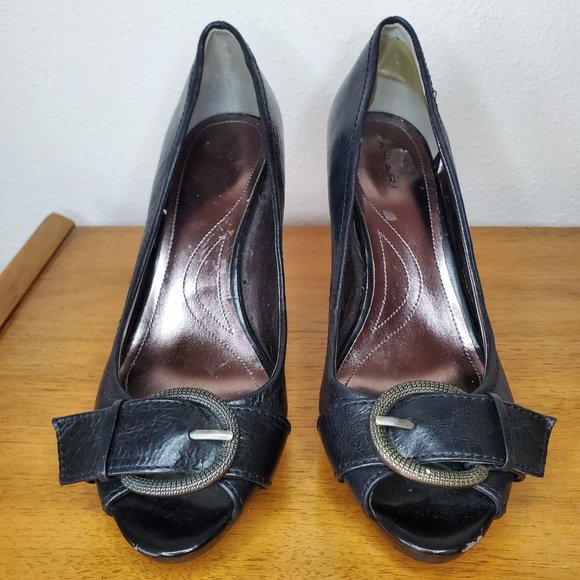 Tahari | Brigitte Black Buckle Peep Toe High Heels | Size 10 - Picture 3 of 12